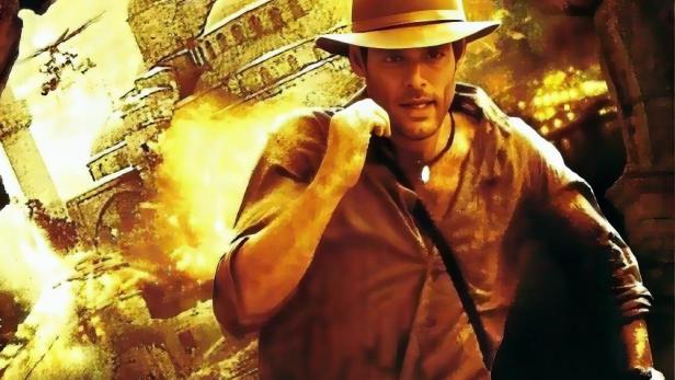 Das Filmplakat für „Jack Hunter und das Zepter des Lichts“ zeigt den Protagonisten vor einem Tempel.