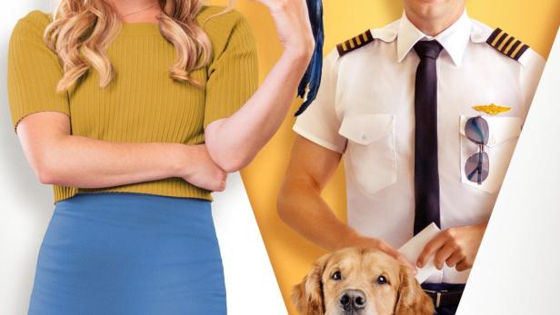 Das Filmplakat für „Fly Away With Me“ zeigt eine Frau mit Papagei und einen Piloten mit Golden Retriever.