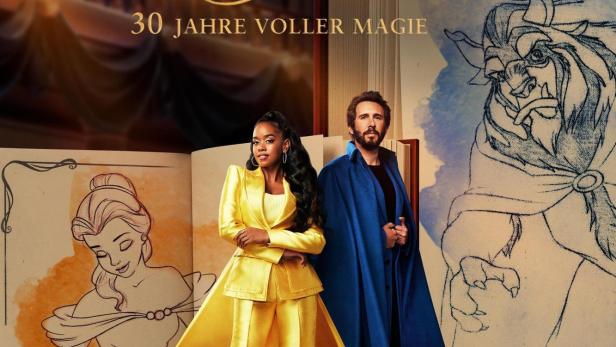 Ein Werbeplakat für „Die Schöne und das Biest: 30 Jahre voller Magie“ mit zwei Darstellern.