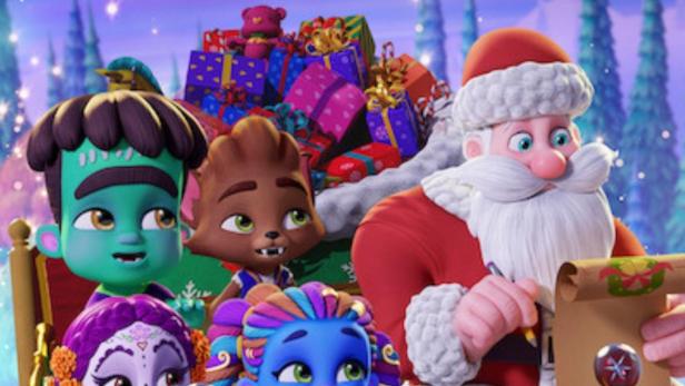 Das Poster für „Super Monsters Save Christmas“ zeigt die Supermonster und den Weihnachtsmann in einem Schlitten voller Geschenke.