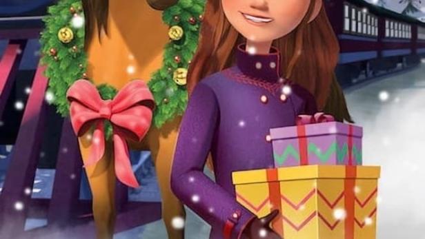 Lucky und Spirit vor einem Zug mit Geschenken im Schnee.