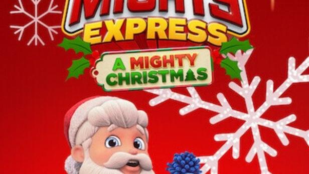 Das Poster für „Mighty Express: A Mighty Christmas“ mit Santa Claus und drei Kindern vor einem roten Hintergrund.