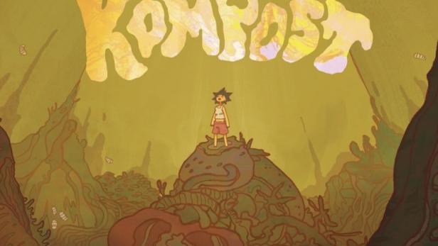 Ein animiertes Filmplakat für „Kompost“ mit einem Kind in einer von Würmern befallenen Landschaft.