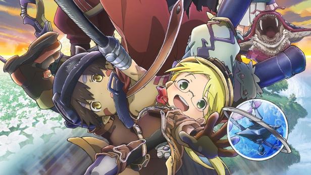Das Cover von „Made in Abyss“ zeigt Riko, Reg und andere Charaktere vor einer bunten Landschaft.