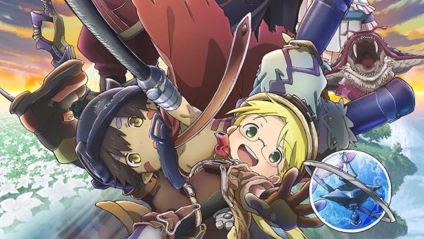 Das Anime-Poster zu „Made in Abyss: Die Reise beginnt“ zeigt die Hauptfiguren vor einer fantastischen Landschaft.