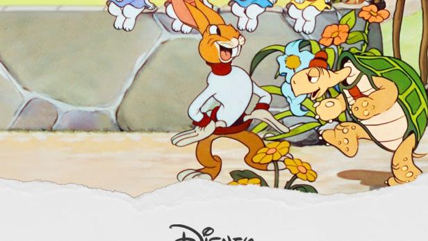 Das Filmplakat zu Disneys „Die Schildkröte und der Hase“ zeigt den Hasen und die Schildkröte.