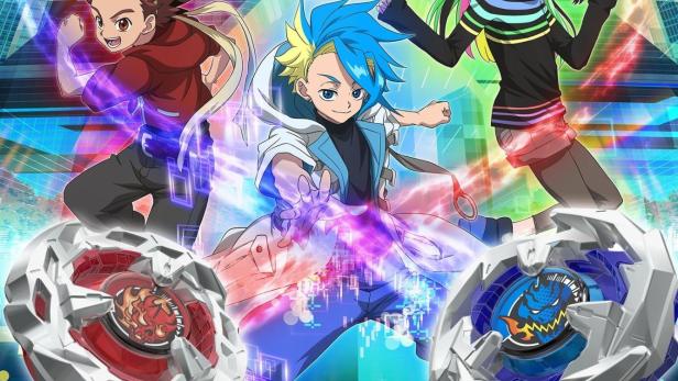 Das Poster für Beyblade X zeigt drei Charaktere und ihre Beyblades vor einer futuristischen Stadtkulisse.