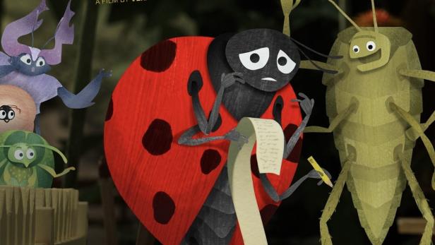 Das animierte Filmplakat für „Down in the Dumps“ zeigt eine traurige Marienkäfer-Dame mit einer langen Liste.