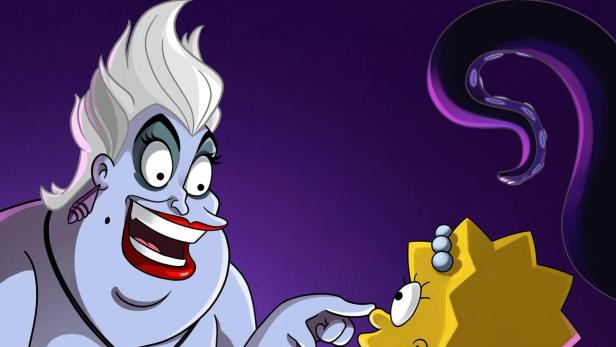 Ursula aus „Arielle“ tippt Lisa Simpson auf die Nase; Titel: „Die Simpsons: Willkommen im Club“.