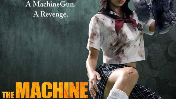 Das Filmplakat für „The Machine Girl“ zeigt ein junges Mädchen mit einer Gatling-Kanone als Arm.
