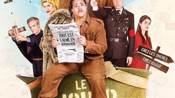 Das Filmplakat für „Le Jour J ou Pas“ zeigt eine Gruppe von Personen vor einer Karte der Normandie.