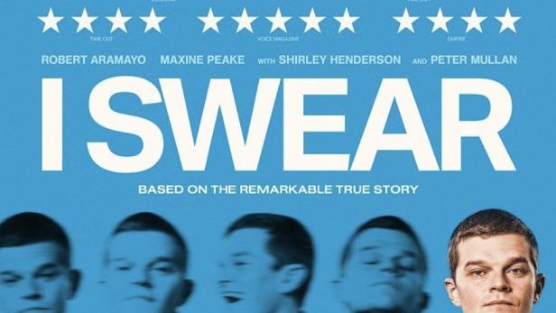 Das Filmplakat für „I Swear“ mit Robert Aramayo, Maxine Peake, Shirley Henderson und Peter Mullan.