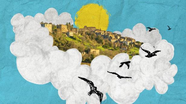 Das Filmplakat für „Tatti Paese di Sognatori“ zeigt eine stilisierte Landschaft mit Vögeln.