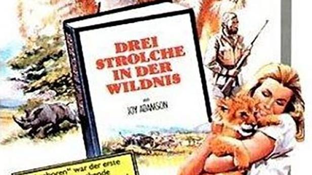 Das Filmplakat zu „Drei Strolche in der Wildnis“ zeigt Löwen, eine Frau mit einem Löwenjungen und einen Mann mit einem Gewehr.