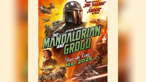 Der Mandalorian ist mit Grogu hinter seiner Schulter auf einem Filmplakat abgebildet