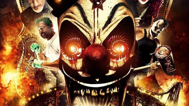 Das Filmplakat für „Funhouse Massacre“ zeigt einen bedrohlichen Clown und weitere maskierte Gestalten vor einem Rummelplatz.