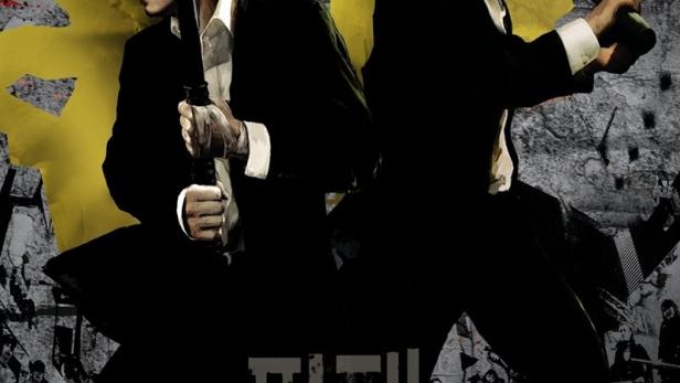 Das Filmplakat für „City of Violence“ zeigt zwei Männer mit Schwertern vor einer grauen Wand.