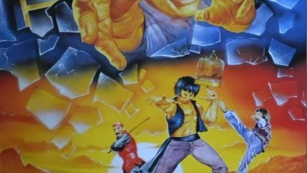 Das Filmplakat für „Die Knochenbrecher sind da!“ zeigt asiatische Kampfkünstler in Aktion.