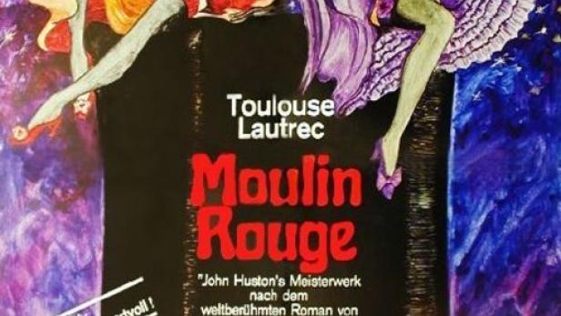 Das Filmplakat für „Moulin Rouge“ zeigt zwei Tänzerinnen auf einem Zylinder vor einem Sternenhimmel.