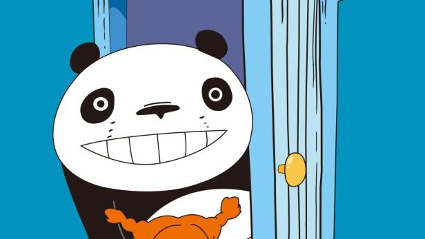 Das Cover von „Die Abenteuer des kleinen Panda“ zeigt einen Panda, ein Mädchen und einen kleinen Panda, die aus einer Tür schauen.