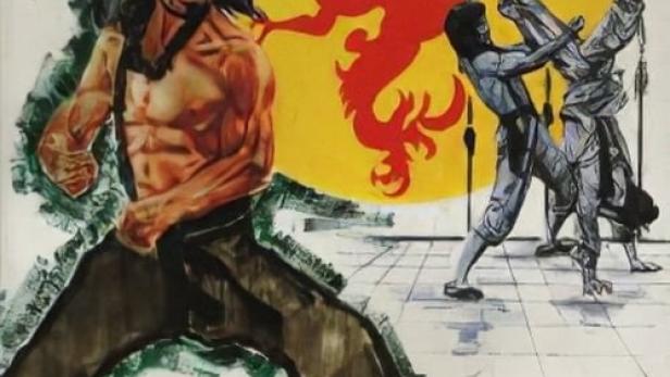 Das Filmplakat für „Die blutigen Krallen des Leoparden“ zeigt einen Mann und zwei Kämpfer vor einem gelben Drachen.