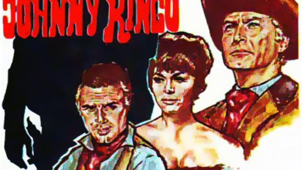 Das Filmplakat für „La Balada de Johnny Ringo“ mit Lex Barker, Joachim Fuchsberger, Marianne Koch und Ralf Wolter.