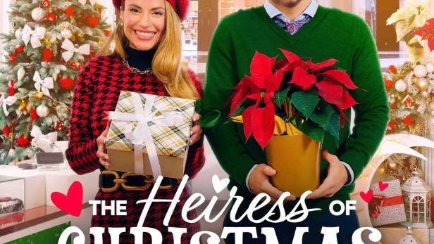 Das Filmplakat für „The Heiress of Christmas“ zeigt Katerina-Maria Vitkoff und David William Pinard vor weihnachtlicher Kulisse.