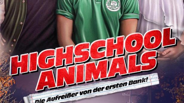 Das Filmplakat zu „Highschool Animals“ zeigt drei verletzte Jugendliche vor einer Messlatte und eine Verfolgungsjagd.