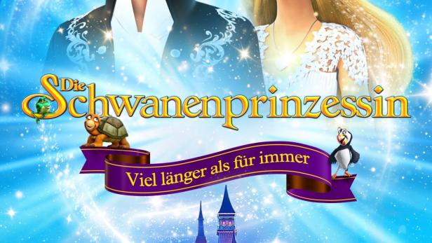 Das Filmplakat für „Die Schwanenprinzessin“ zeigt Prinz, Prinzessin und ein Märchenschloss.