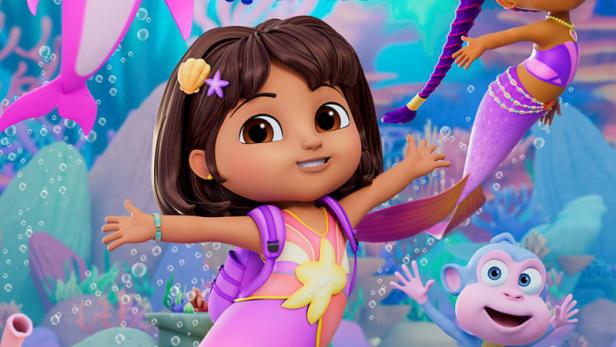 Animierte Meerjungfrau Dora schwimmt im Meer