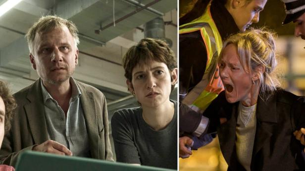 Beobachtende Personen und eine schreiende Frau, die von Rettungskräften am Arm weggeführt wird.