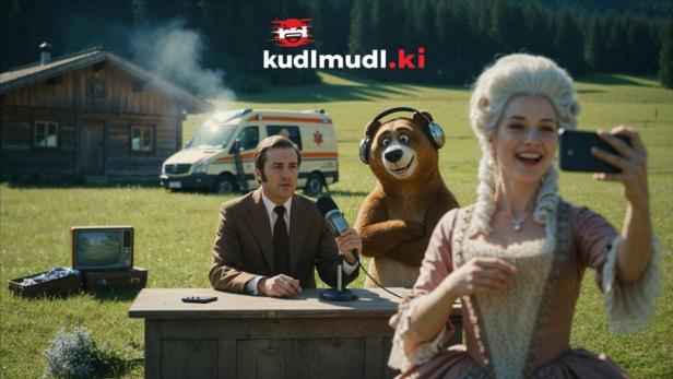 Moderator sitz im FReien an Schreibtisch, neben ihm ein Bär, der Kopfhörer trägt, im Vordergrund schießt eine Frau in historischem Kostüm ein Selfie