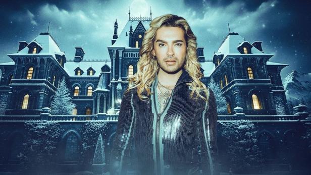 Bill Kaulitz vor nächtlichem Schloss