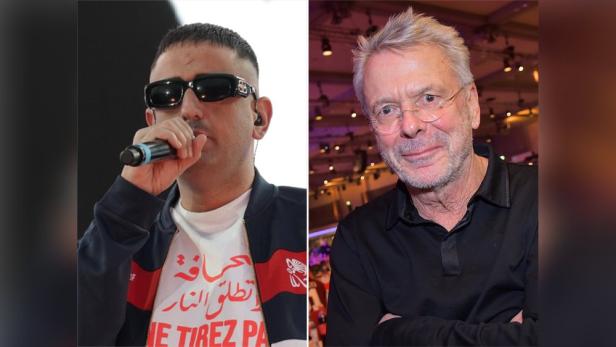 Rapper Haftbefehl mit Mikro und Porträtfoto von Reinhard Mey