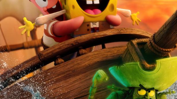 Spongebob mit Piratenkappe auf einem Schiff in voller Fahrt