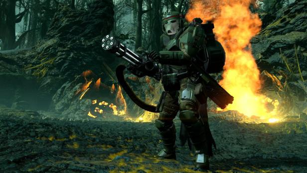 Fantasyfigur mit Schusswaffe in Videospiel "Helldivers II"