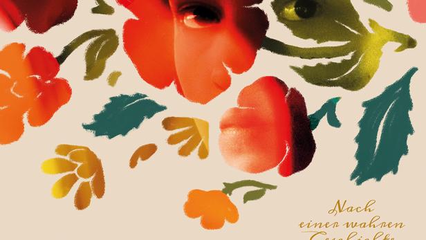 Gemalte bunte Blumen, in denen sich ein Frauengesicht abzeichnet