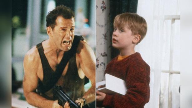 Bruce Willis mit Waffe in der Hand und der junge Macaulay Culkin in seiner Paraderolle als Kevin