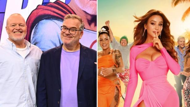 Szene aus Quizshow mit Raab und Elton und Verena Pooth präsentiert "Die Villa der Versuchung"