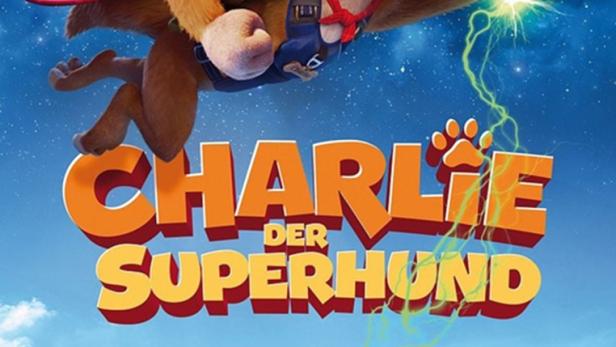 Junge fliegt auf Rücken eines Superhundes auf Plakat zum Animationsflm