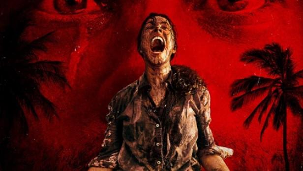 Blutbedekte schreiende Frau mit Messer in der Hand vor Palmen auf Filmplakat