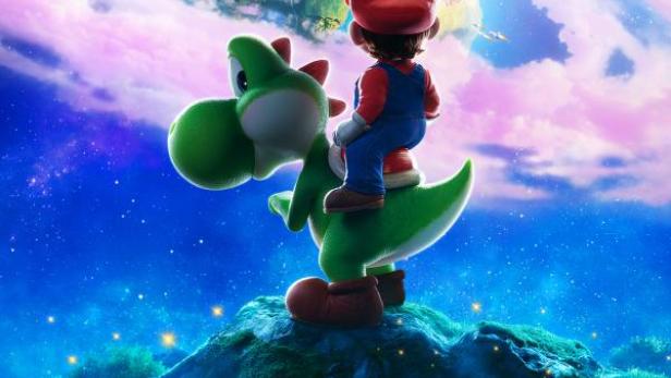 Super Mario, der auf Yoshi reitet, blickt auf Filmplakat einen bewaldeten Planeten mit einer großen Ritterburg an