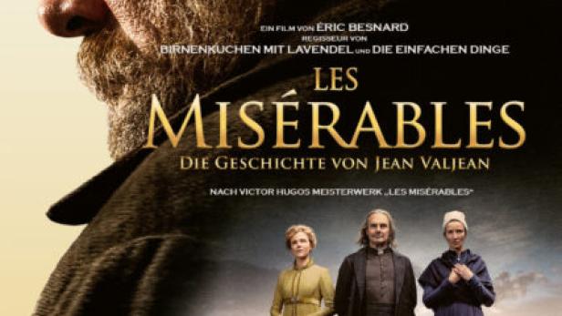 Grégory Gadebois in Filmrolle als Jean Valjean auf Plakat mit weiteren Hauptfiguren