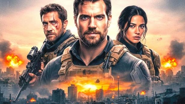 Jake Gyllenhaal, Henry Cavill und Eiza González auf Filmplakat mit Explosionen im Hintergrund