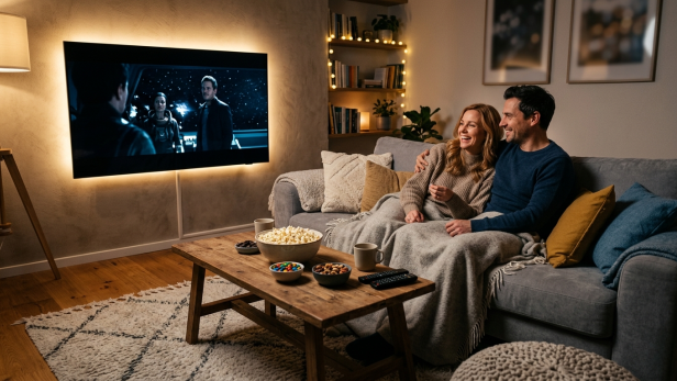 Ein Paar sitzt gemütlich auf dem Sofa, schaut einen Film und isst Snacks wie Popcorn und Süßigkeiten.