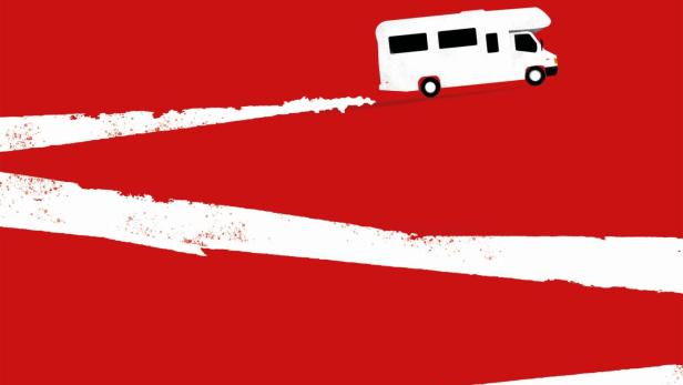 Gezeichetes Wohnmobil hinterlässt auf rotem Hintergrund eine weiße Zickzackspur