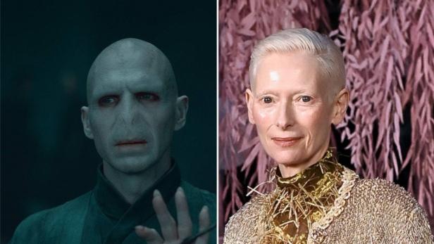 Ralph Fiennes in seiner Bösewichtsrolle und Porträtfoto von Tilda Swinton