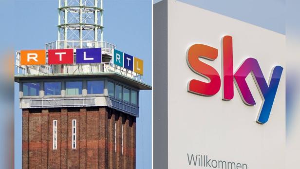 Turm mit RTL-Logo und Sky-Logo 