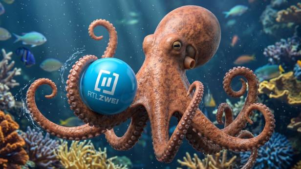 Ein Krake hält in seinen Tentakeln eine blaue Kugel mit dem Logo von RTLZWEI vor einer Korallenriff-Kulisse.