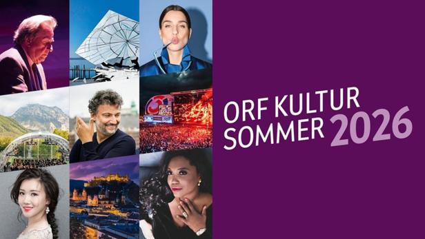 Eine Collage zeigt verschiedene Künstler und Veranstaltungsorte vor dem violetten Schriftzug „ORF KULTUR SOMMER 2026“.